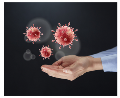 hands holding virus particles 
